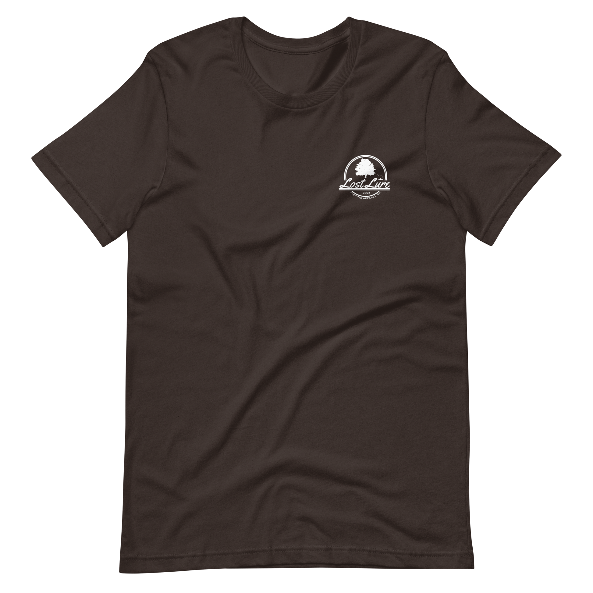 Fly fishing Lost lure shirt. It has a design on the back of the shirt black and white outline a fly fisherman and the Rocky Mountains. Brown fishing shirt, front side