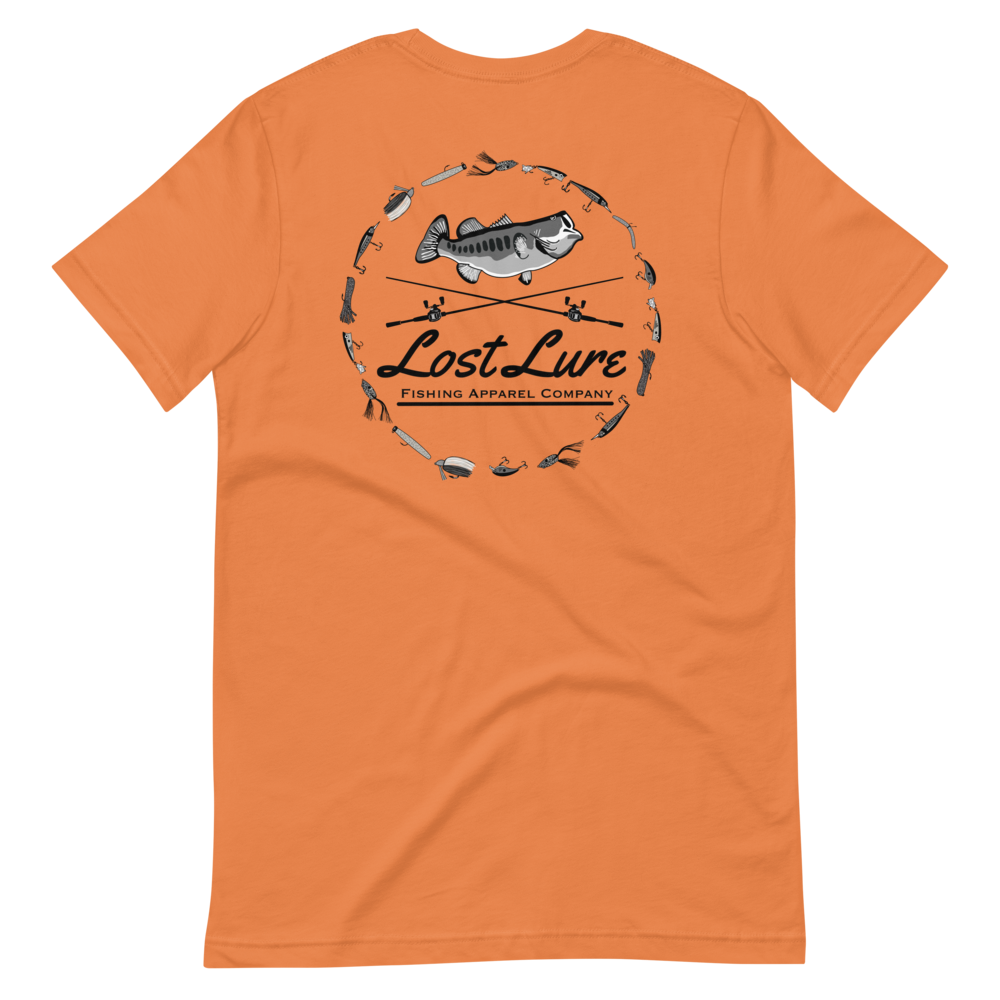 A largemouth bass fishing shirt with a design on the back if a bass, fishing rods and fishing lures. It reads “Lost Lure Fishing Apparel Company”. This shirt is Orange, back side