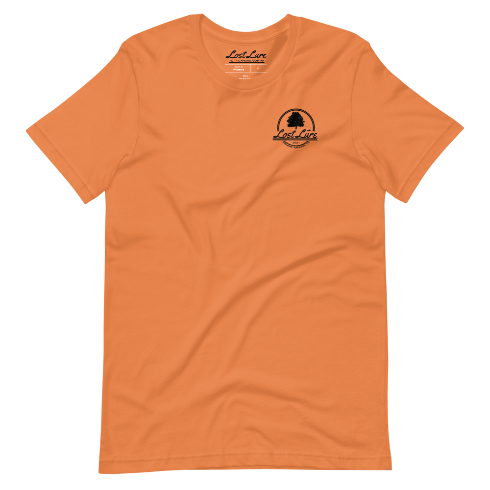 A largemouth bass fishing shirt with a design on the back if a bass, fishing rods and fishing lures. It reads “Lost Lure Fishing Apparel Company”. This shirt is Orange, front side