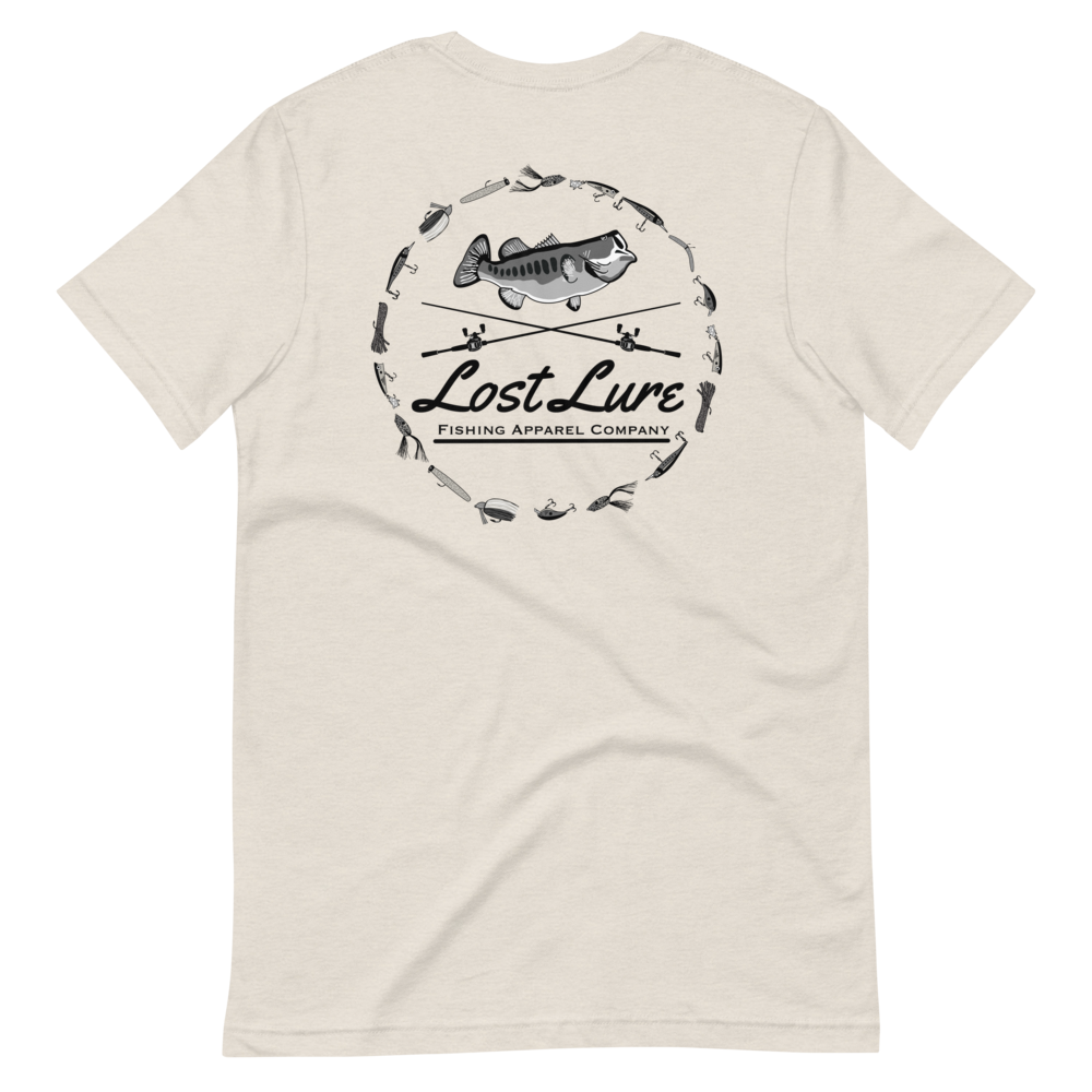 A largemouth bass fishing shirt with a design on the back if a bass, fishing rods and fishing lures. It reads “Lost Lure Fishing Apparel Company”. This shirt is cream color, back side