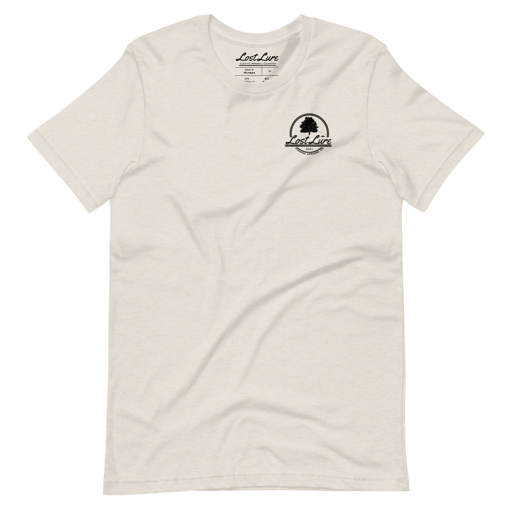 A largemouth bass fishing shirt with a design on the back if a bass, fishing rods and fishing lures. It reads “Lost Lure Fishing Apparel Company”. This shirt is crème colored, front side