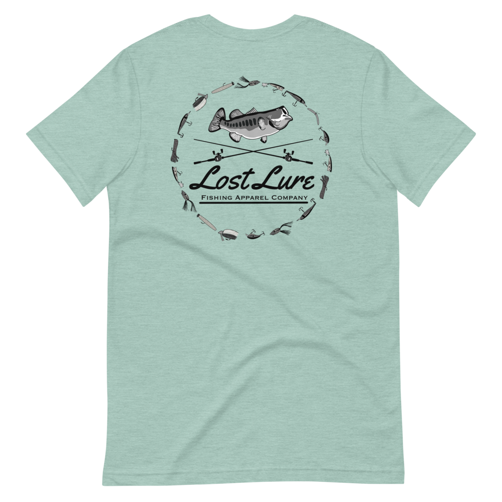 A largemouth bass fishing shirt with a design on the back if a bass, fishing rods and fishing lures. It reads “Lost Lure Fishing Apparel Company”. This shirt is Light blue, back side