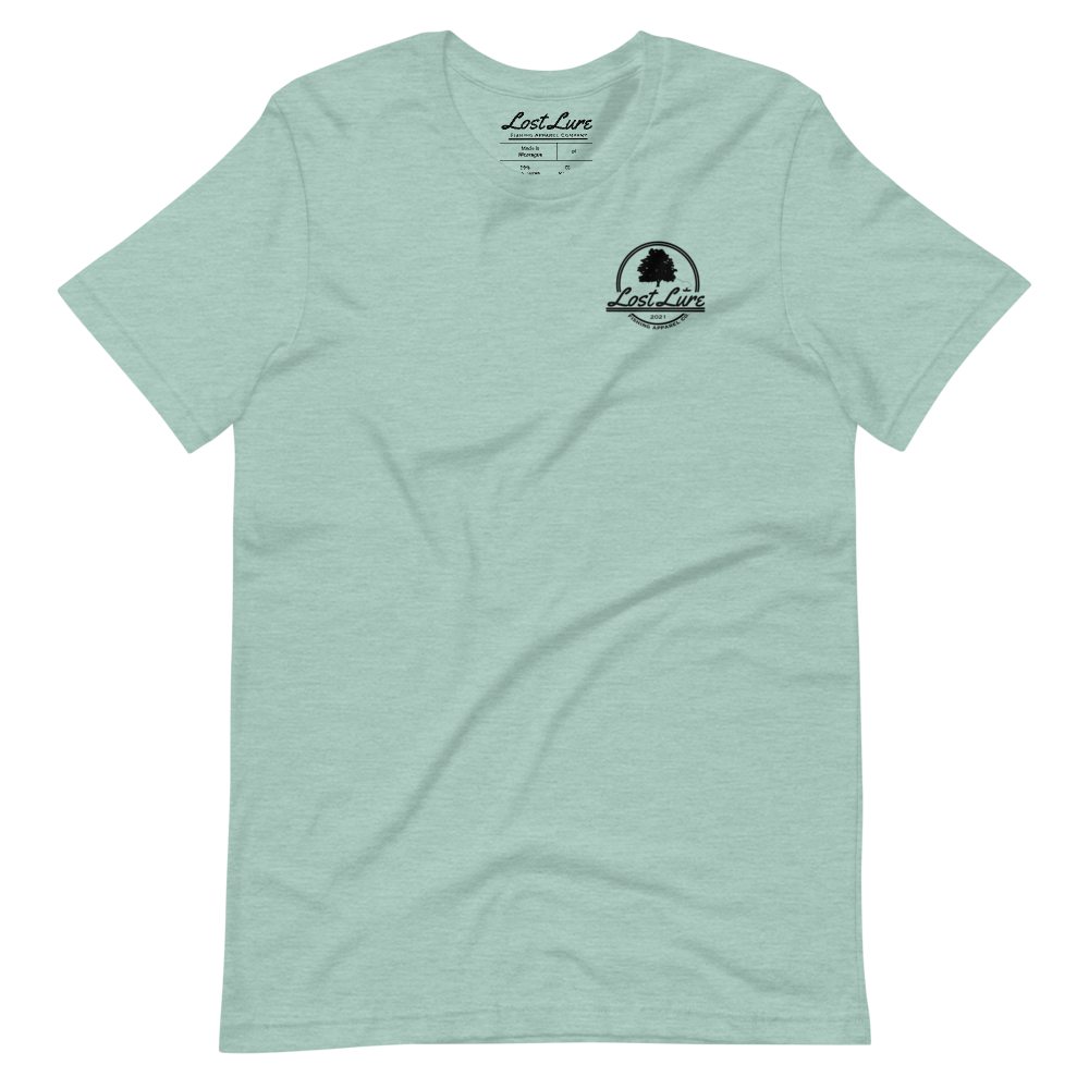 A largemouth bass fishing shirt with a design on the back if a bass, fishing rods and fishing lures. It reads “Lost Lure Fishing Apparel Company”. This shirt is Blue, front side