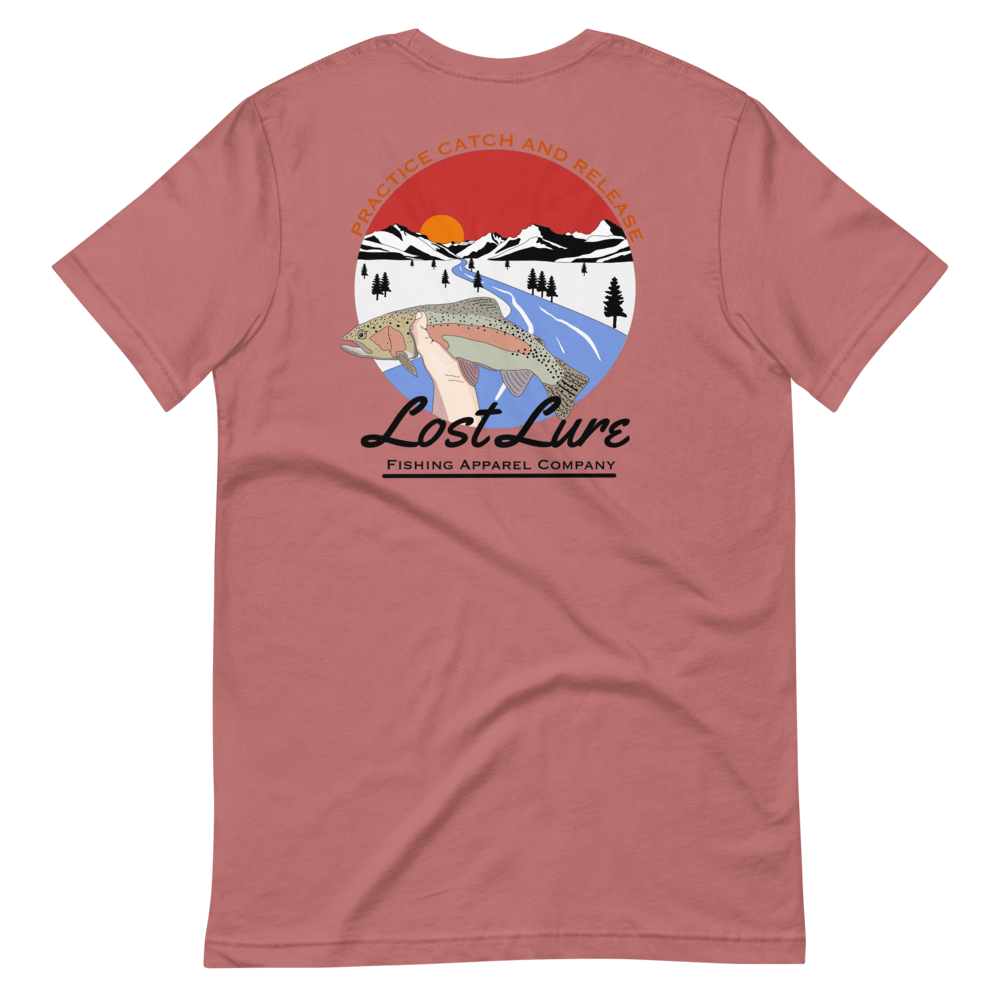 Lost Lure Fishing T-shirt with design that reads “practice catch and release” it has a rainbow trout being released in a river in snowy mountains. Red fishing shirt, back side