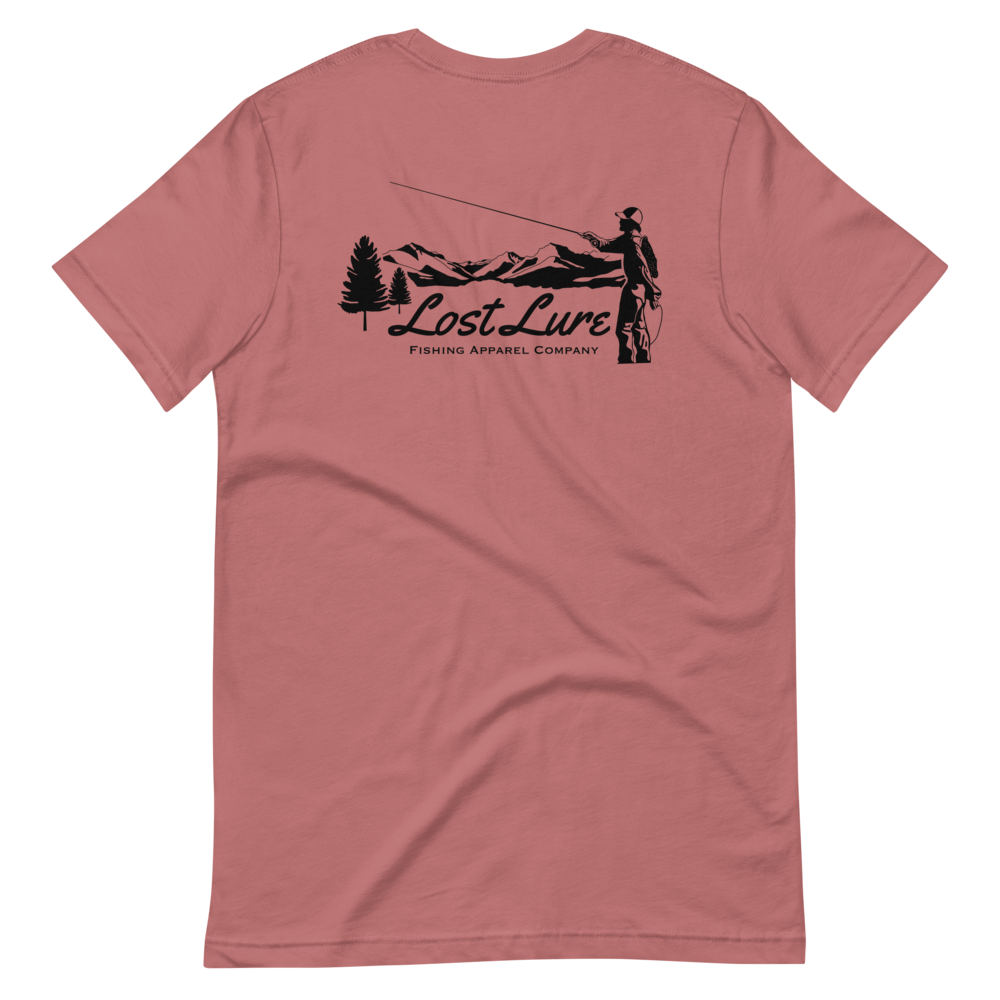 Fly fishing Lost lure shirt. It has a design on the back of the shirt black and white outline a fly fisherman and the Rocky Mountains. Red fishing shirt, back side
