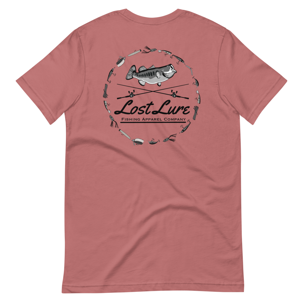 A largemouth bass fishing shirt with a design on the back if a bass, fishing rods and fishing lures. It reads “Lost Lure Fishing Apparel Company”. This shirt is Red, back side
