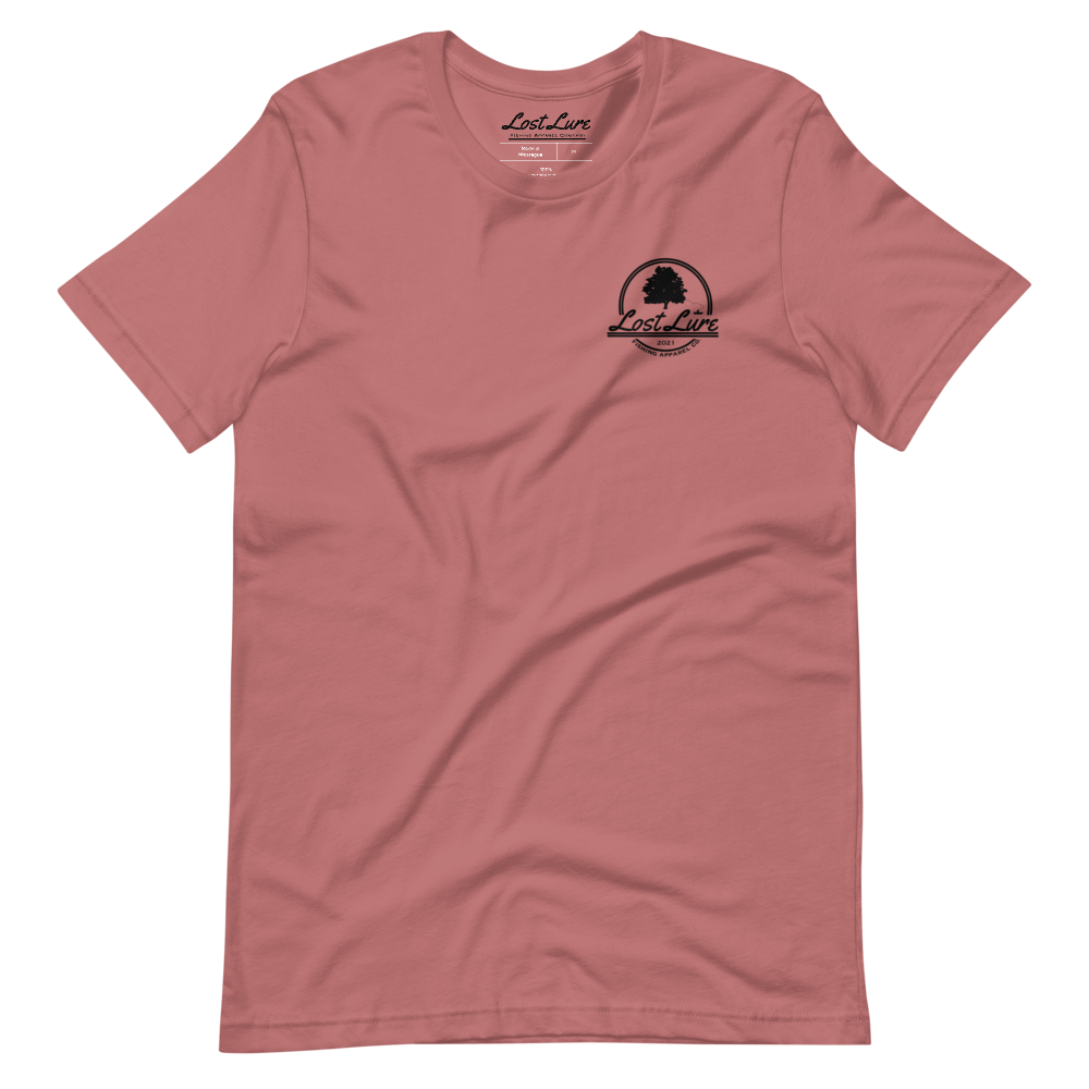 Lost Lure Fishing T-shirt with design that reads “practice catch and release” it has a rainbow trout being released in a river in snowy mountains. Red Shirt, front side