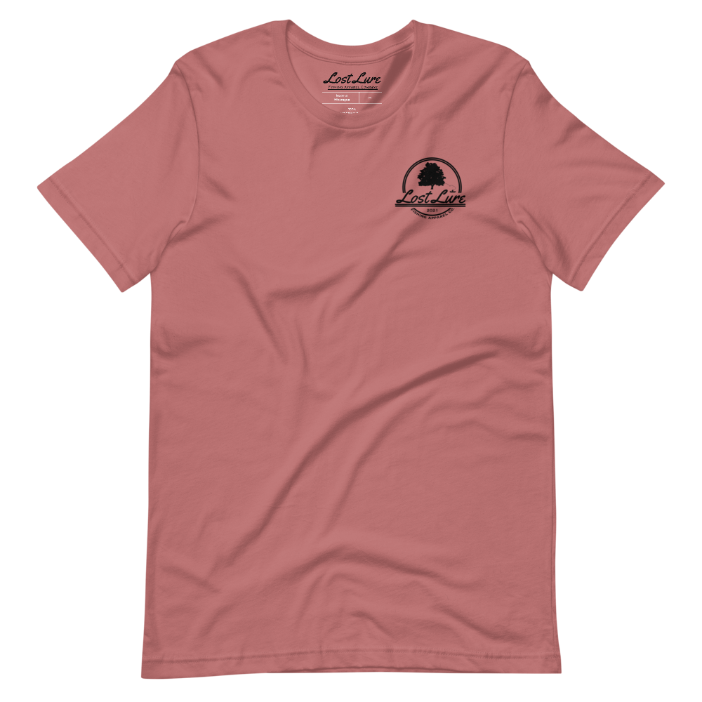 Fly fishing Lost lure shirt. It has a design on the back of the shirt black and white outline a fly fisherman and the Rocky Mountains. Red fishing shirt, front side