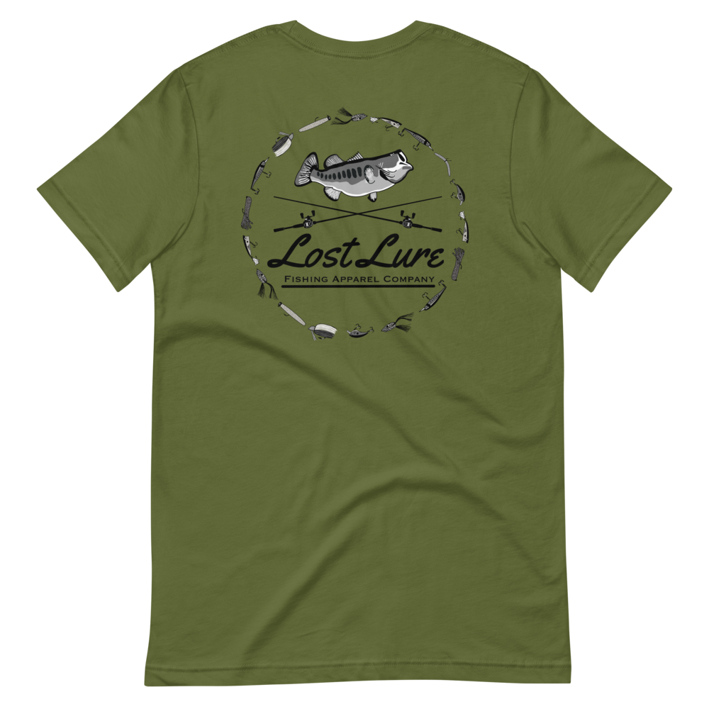 A largemouth bass fishing shirt with a design on the back if a bass, fishing rods and fishing lures. It reads “Lost Lure Fishing Apparel Company”. This shirt is green, back side