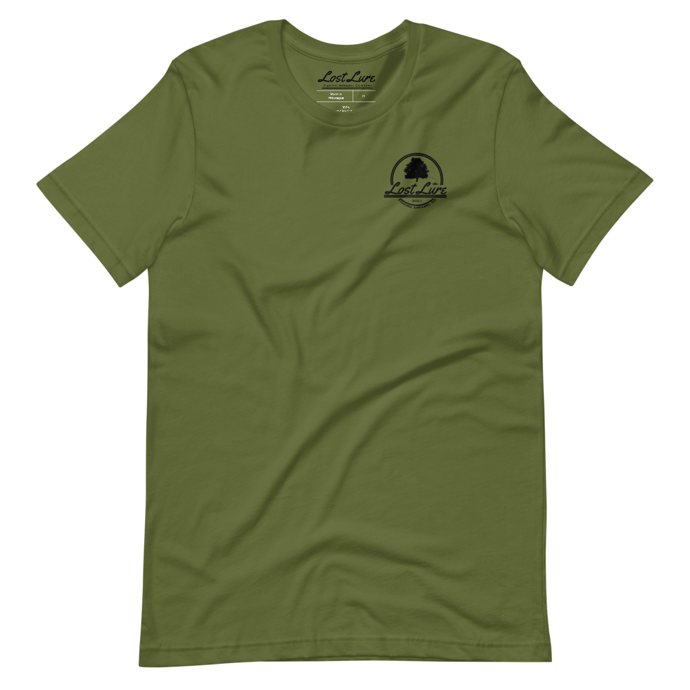 A largemouth bass fishing shirt with a design on the back if a bass, fishing rods and fishing lures. It reads “Lost Lure Fishing Apparel Company”. This shirt is Green, front side