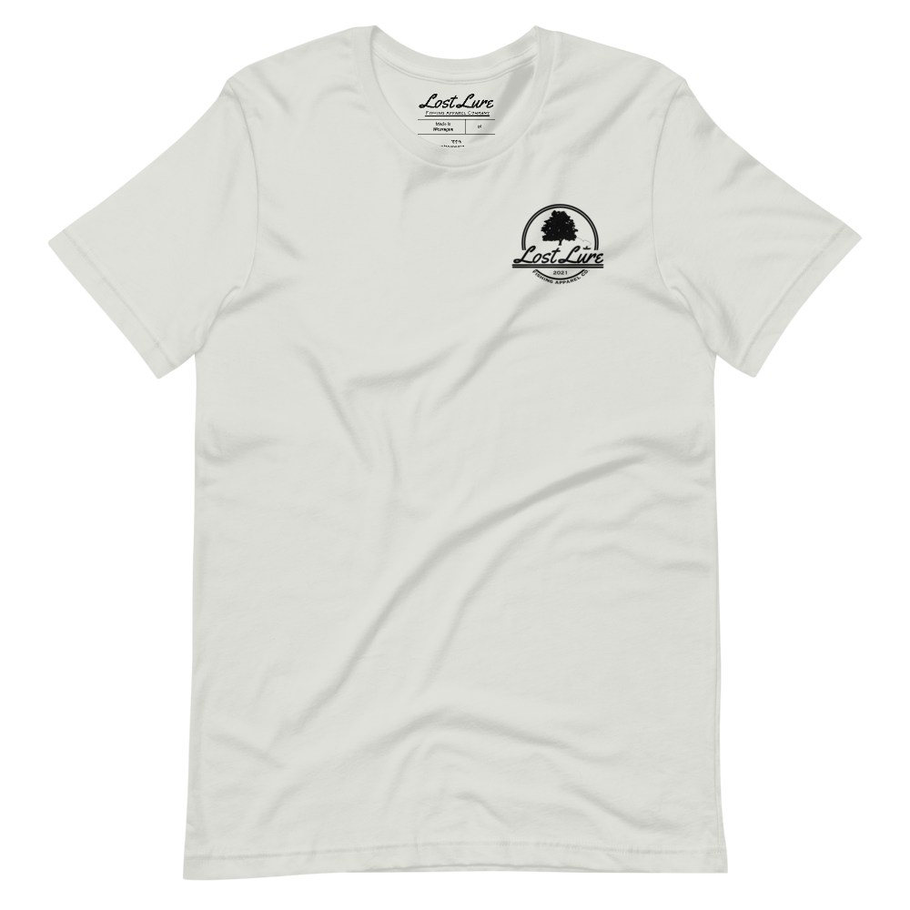 Fly fishing Lost lure shirt. It has a design on the back of the shirt black and white outline a fly fisherman and the Rocky Mountains. Light fishing shirt, front side