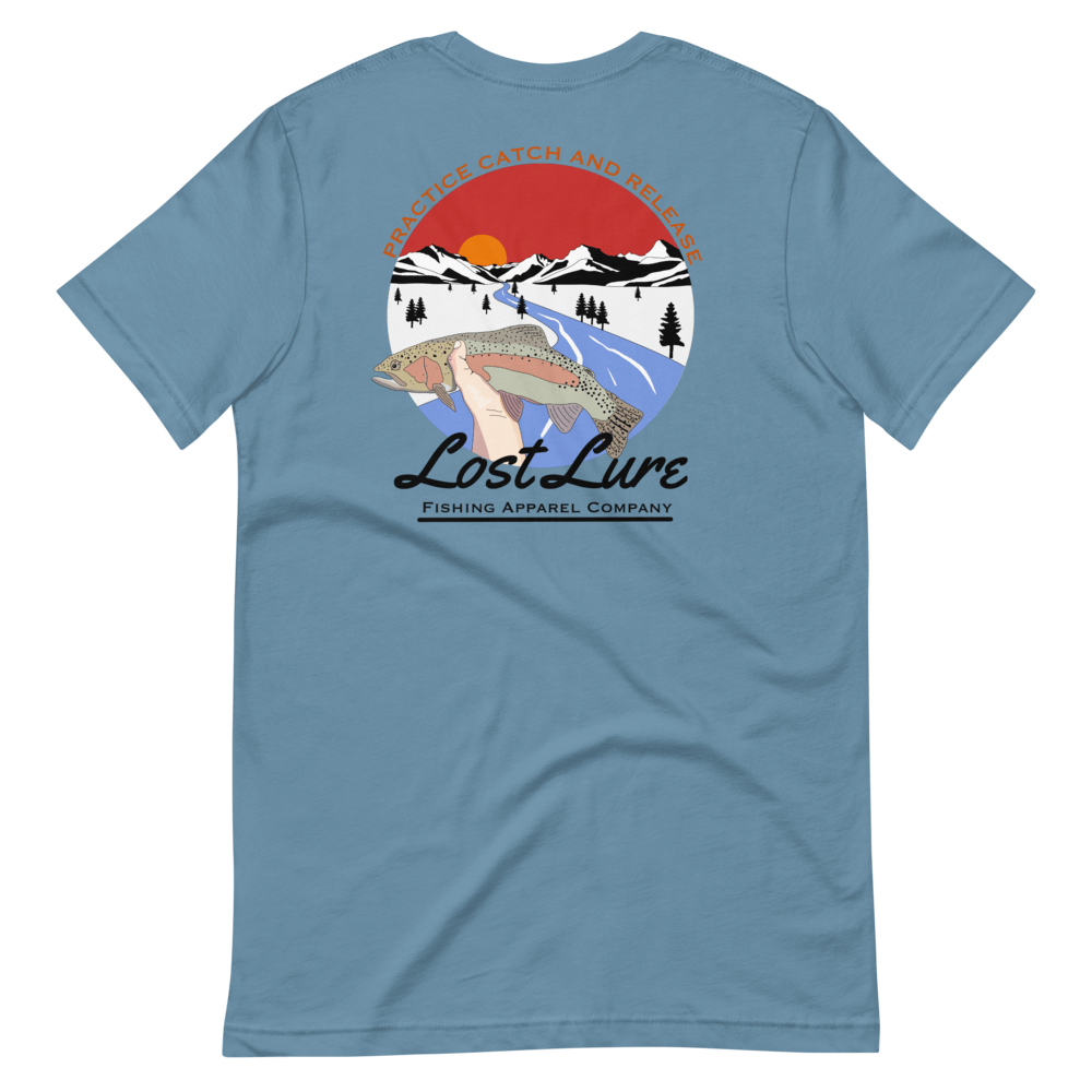 Lost Lure Fishing T-shirt with design that reads “practice catch and release” it has a rainbow trout being released in a river in snowy mountains. Blue shirt, Back side