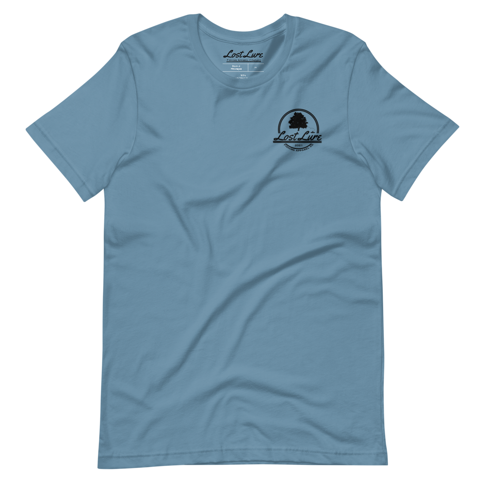 Fly fishing Lost lure shirt. It has a design on the back of the shirt black and white outline a fly fisherman and the Rocky Mountains. Blue fishing shirt, front side