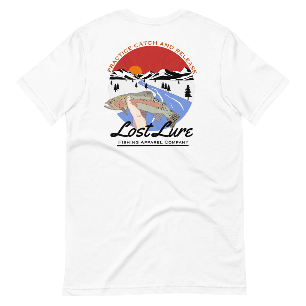 Lost Lure Fishing T-shirt with design that reads “practice catch and release” it has a rainbow trout being released in a river in snowy mountains. White fishing shirt, back side