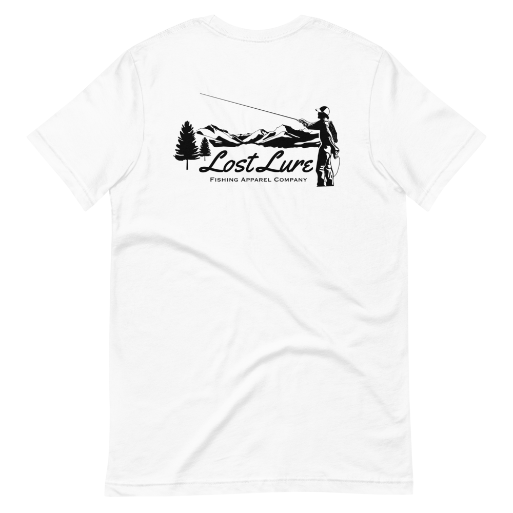 Fly fishing Lost lure shirt. It has a design on the back of the shirt black and white outline a fly fisherman and the Rocky Mountains. White fishing shirt, back side