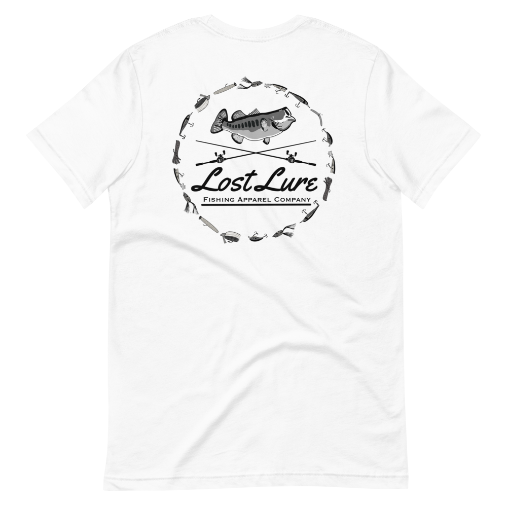A largemouth bass fishing shirt with a design on the back if a bass, fishing rods and fishing lures. It reads “Lost Lure Fishing Apparel Company”. This shirt is white, back side