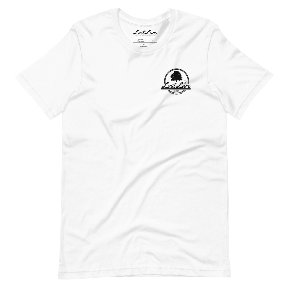 Lost Lure Fishing T-shirt with design that reads “practice catch and release” it has a rainbow trout being released in a river in snowy mountains. White fishing shirt, front side