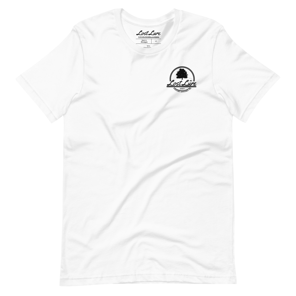 Fly fishing Lost lure shirt. It has a design on the back of the shirt black and white outline a fly fisherman and the Rocky Mountains. White fishing shirt, front side